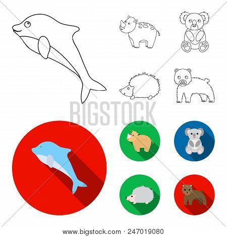 Rhino, Koala, Panther, Hedgehog.animal Set Collection Icons In Outline, Flat Style Vector Symbol Sto