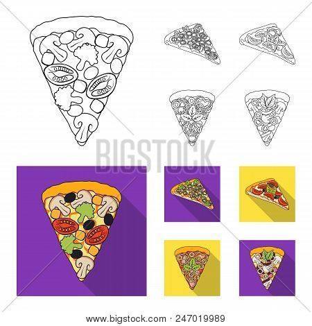A Slice Of Pizza With Different Ingredients. Different Pizza Set Collection Icons In Outline, Flat S