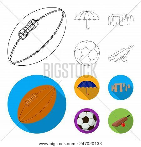 Umbrella, Stone, Ball, Cricket .england Country Set Collection Icons In Outline, Flat Style Vector S