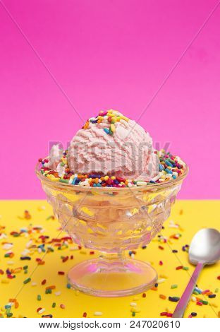Simple Pink Ice Cream In A Crystal Sherbert Dish