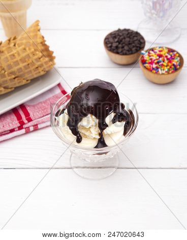 Simple Sundae On A Rustic Wood Table