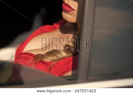 Closeup Portrait Of Sexual Gorgeous Seductive Young Female Breasts And Cleavage With Perfect Skin An