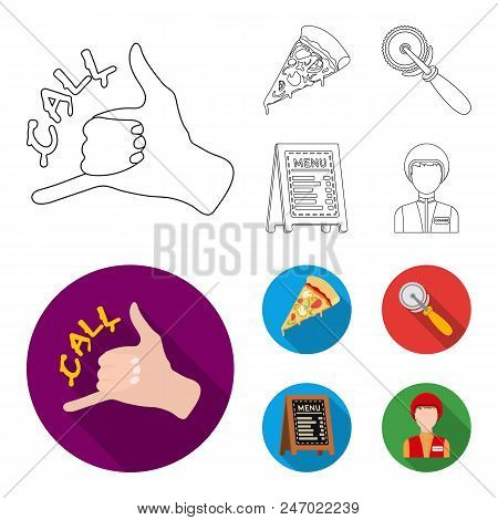 A Pizza Cutter, A Slice, A Menu In A Pizzeria, A Courier. Pizza And Pizzeria Set Collection Icons In
