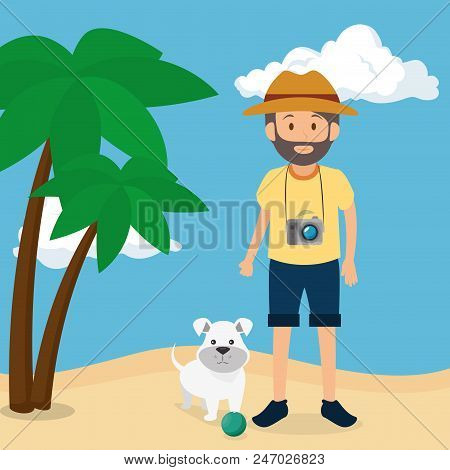 Youn Man With Dog In The Beach Vector Illustration Design