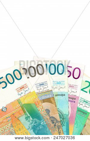Heap Of Serbian Dinar Bank Notes With Copy Space