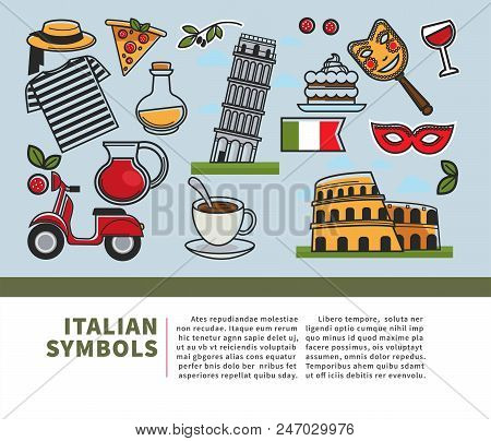 Italian Symbols And Text Sample In Block Poster With Headline. Tower And Monumental Architecture Bui