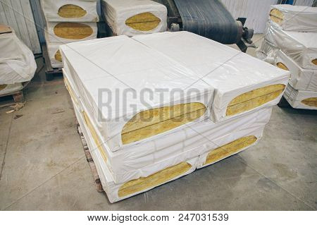 The Texture Of Mineral Wool For Insulating The Walls. Warehouse Of Products Ready For Import