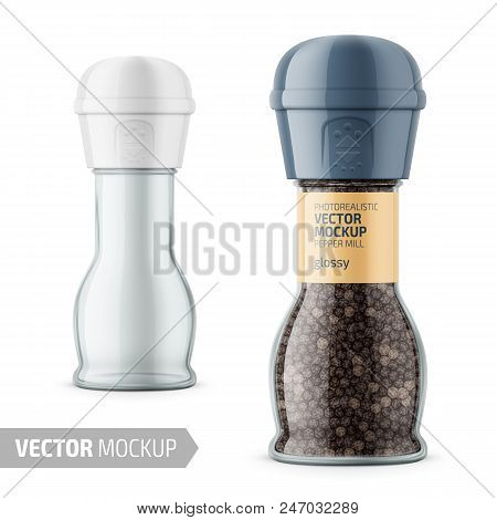 Glass Pepper Mill With Label. 70 G. Glossy Finish. Photo-realistic Packaging Mockup Template With Sa