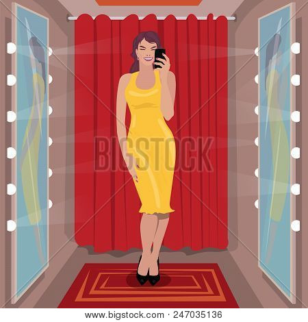 Young Girl Is Measuring Long Yellow Dress In Clothing Store. Fitting Black Shoes In Shoe Store. Self
