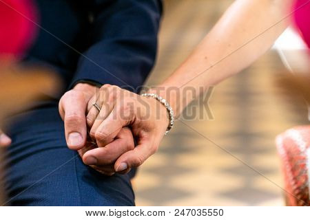 Hands Of Groom And Bride With Wedding Rings Celebration Thei Love Symbol
