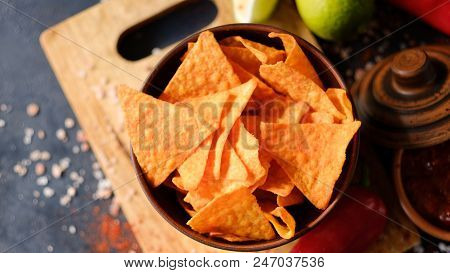 Crispy Crunchy Tortilla Nacho Chips Are A Great Party Munchies. Delicious Food Snack. Fried Triangul