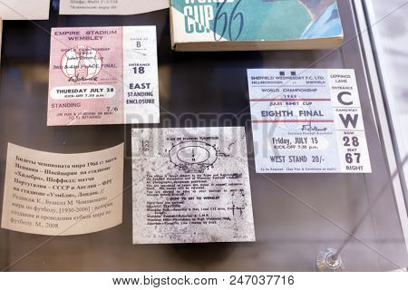 ST. PETERSBURG, RUSSIA - JUNE 7, 2018: Tickets of FIFA World Cup 1966 in the exhibition 
