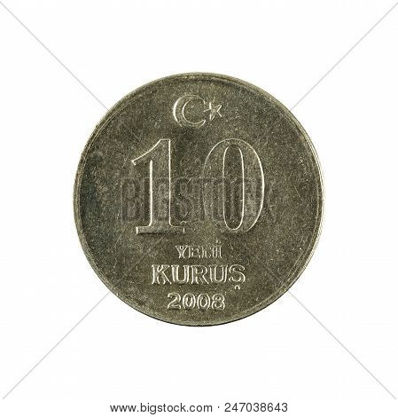 One Turkish New Kurus Coin (2008) Isolated On White Background