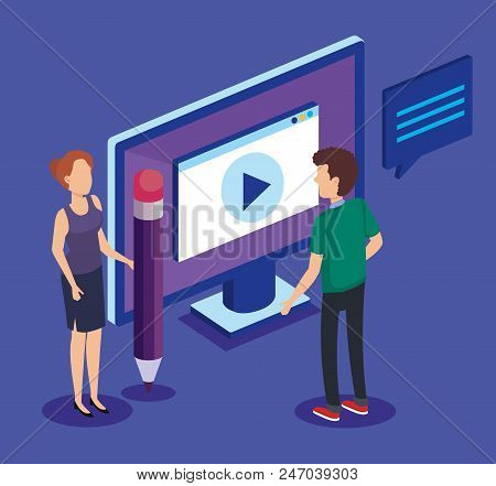 Digital Technology With Teamwork Isometrics Vector Illustration Design