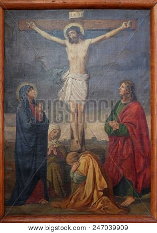 SISAK, CROATIA - DECEMBER 07: 12th Stations of the Cross, Jesus dies on the cross, Church of Visitation of the Virgin Mary in Sisak, Croatia, on December 07, 2017.