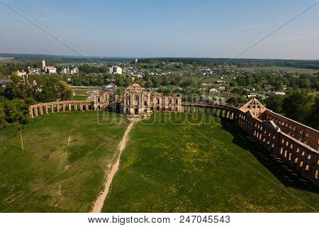 Aerial View Of Ruzhany Palace On Sunny Day, Belarusian Attraction, Belarus. Residence Of Sapieha
