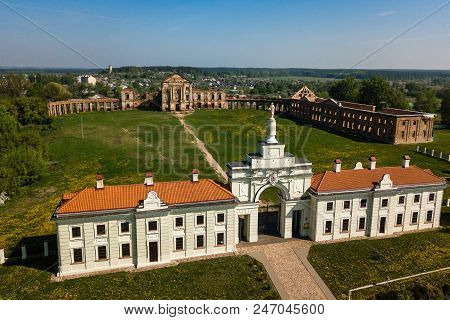 Aerial View Of Ruzhany Palace On Sunny Day, Belarusian Attraction, Belarus. Residence Of Sapieha