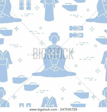 Seamless Pattern With Asian Woman, Traditional Japanese Clothing, Shoes. Travel And Leisure.