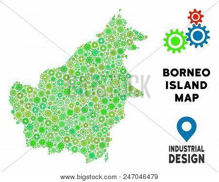 Gear Borneo Island Map Mosaic Of Small Cogwheels. Abstract Territorial Scheme In Green Shades. Vecto
