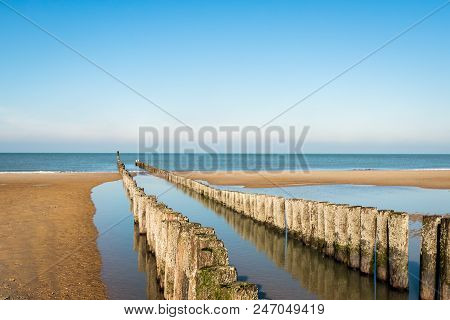 Breakwater Made Of A Double Row Of Wooden Poles At The North Sea Beach Of The Dutch Former Island Wa