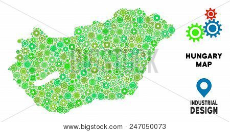 Gear Hungary Map Mosaic Of Small Gearwheels. Abstract Territory Scheme In Green Color Tones. Vector 