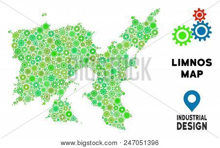 Gear Limnos Greek Island Map Composition Of Small Gearwheels. Abstract Geographic Plan In Green Colo