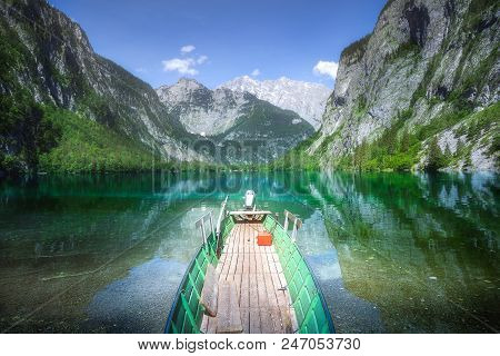 Beautiful View Of Obersee Lake And Boat On Water Near Jenner Mountain In Berchtesgaden National Park