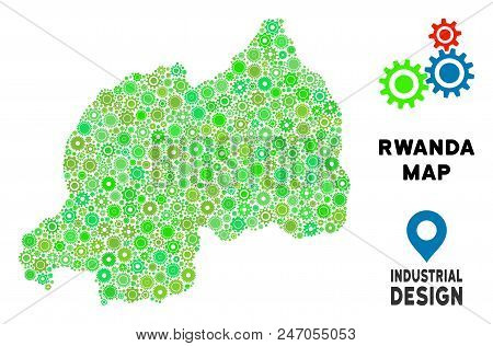 Gear Rwanda Map Collage Of Small Wheels. Abstract Geographic Scheme In Green Color Tinges. Vector Rw