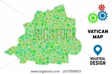 Gear Vatican Map Collage Of Small Cogwheels. Abstract Territorial Scheme In Green Shades. Vector Vat