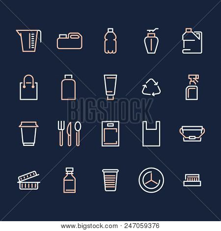 Plastic Packaging, Disposable Tableware Line Icons. Product Packs, Container, Bottle, Canister, Plat