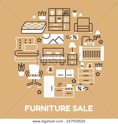 Furniture Sale Banner Illustration With Flat Line Icons. Interior Store Poster With Living Room, Bed
