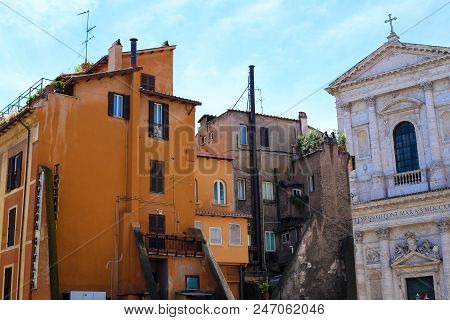Old Church In Rome, Italy. Concept Of Religion Euopean Landmarks And Tourism.