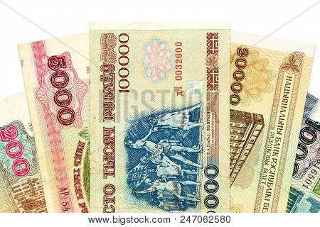 Heap Of Belarusian Ruble Bank Notes With Copy Space