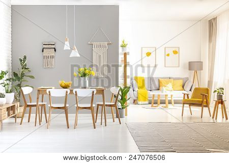 White Chairs At Wooden Dining Table In Bright Apartment Interior With Yellow Armchair. Real Photo