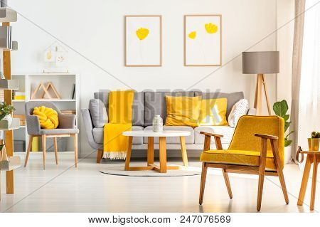 Yellow Wooden Armchair In Bright Living Room Interior With Grey Sofa Under Posters. Real Photo