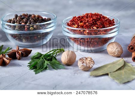 Three Glass Bowls With Spices Arranged In Rows On White Textured Background, View From Above, Select