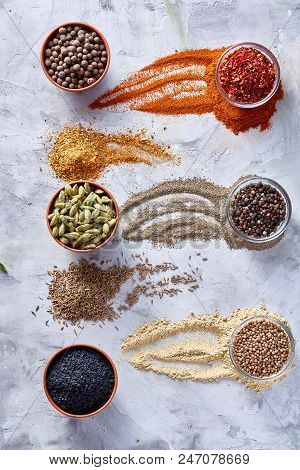 Three Glass Bowls With Spices Arranged In Rows On White Textured Background, View From Above, Select