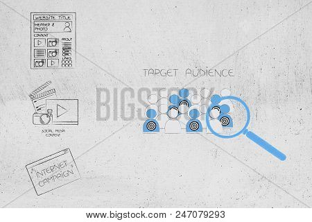 Marketing Segmentation And Targeting Conceptual Illustration: Digital Contant Next To Magnifying Gla