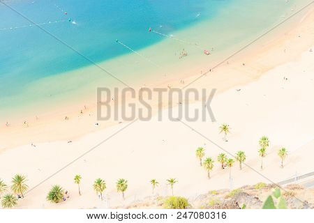 Aerial Birdeye View Of Las Teresitas White Sand Beach, Tenerife Island, Canarias