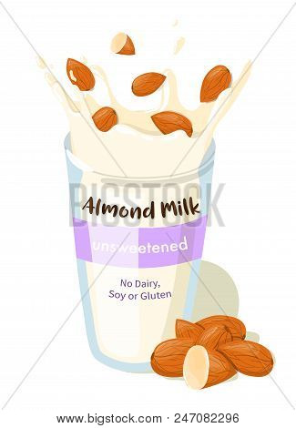 Almond Milk Splash With Whole Almonds In A Glass Vector Package Design. Healthy Eating Cartoon Illus