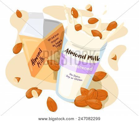 Almond Milk In A Pack And Splash With Whole Almonds In A Glass Vector Ad Poster. Healthy Eating Cart