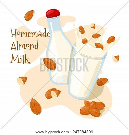 Homemade Almond Milk In A Bottle And  Splash With Whole Almonds In A Glass Vector Icon. Healthy Eati