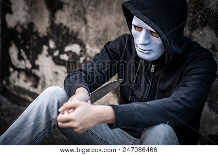 Mystery Man In The White Mask Trying To Kill Himself Considering Suicide With Knife, Depression Self