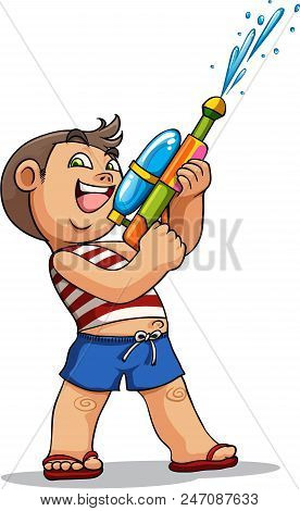 Kid Cartoon Character Playing Water Gun Vector Illustration