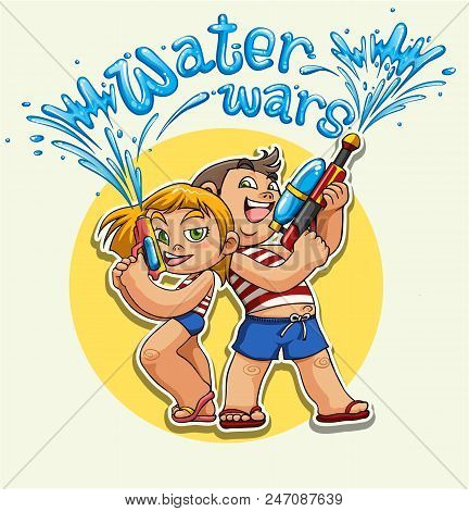 Kid Playing Water Gun Summer Vector Illustration