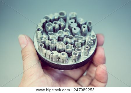 Object Printed On Metal 3d Printer. Dental Crowns Created In A Laser Sintering Machine Close-up. Dml