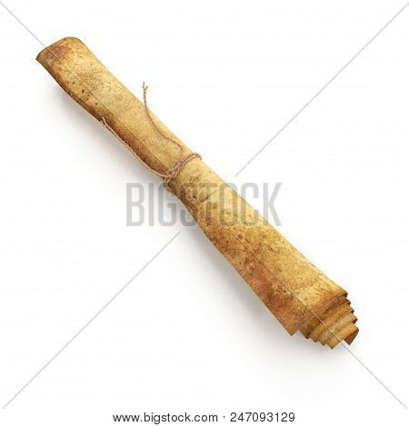 Old Papyrus Scroll In Roll With Ribbon Isolated On White Background. 3d Illustration