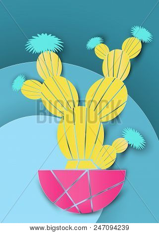Cactus In Paper Art Style Or Digital Craft. Cactus Fashion Set Design. Minimal Stillife. Trendy Brig