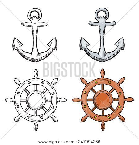 Cartoon Character Anchor And Sea Wheel Isolated On White Background. Nautical Elements For Coloring 