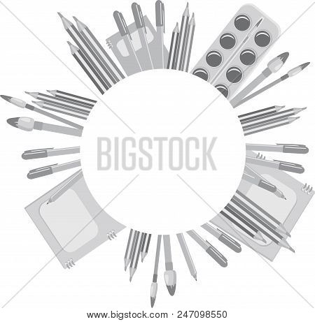 Back To School Blank Round Banner With School Suplies Background. Isolated, Objects, Education.